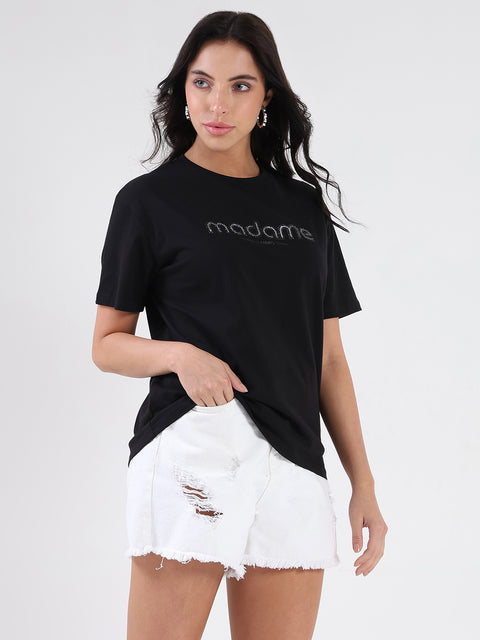 Madame Swarovski and Print Sticker Black Cotton T-shirt