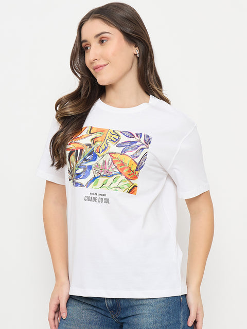 Madame White Graphic Print Cotton Round Neck T-Shirt