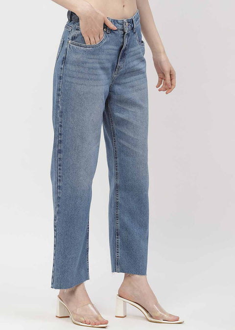 Madame Washed Mid Blue Distressed Hem Jeans