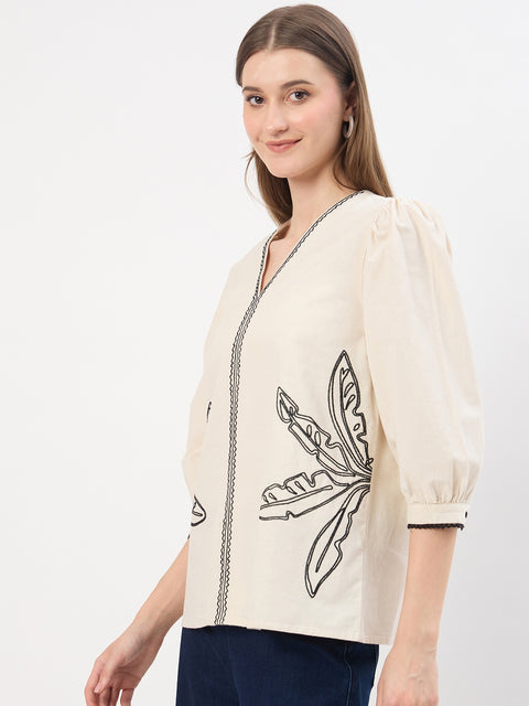 Madame Embroidery Beige Cotton Blend Top