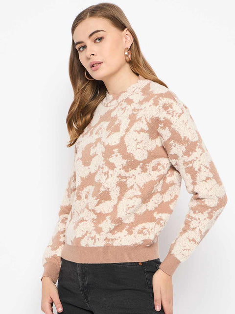 Madame Printed Crew Neck Beige Sweater