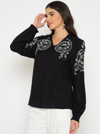 Madame Embroidered Black Viscose Blend Top