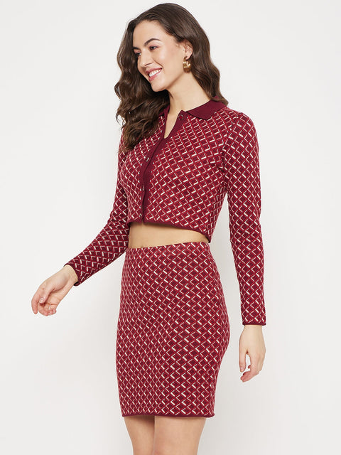 Madame Geomteric Print Cherry Red Co-Ord Set