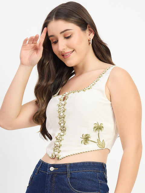 Madame Embroidered Off White Viscose Crop Top