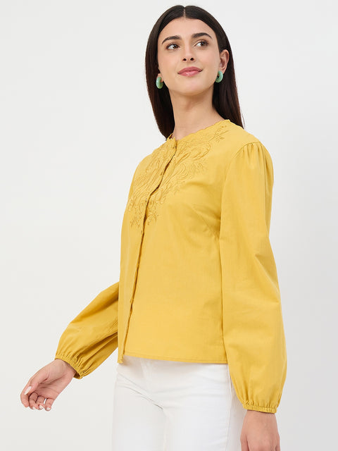 Madame Amber Haze Embroidered Puff-Sleeve Cotton Top