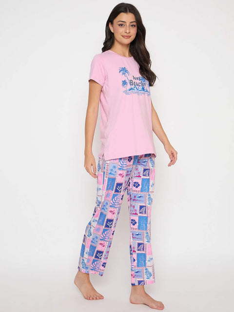 mSECRET Graphic Print Top and Bottom Pink Night Suit
