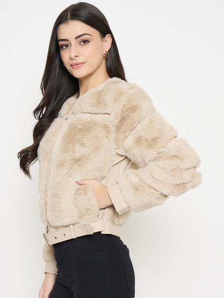 Madame Faux Fur Beige Bomber Jacket