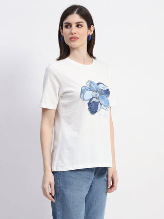 Madame Graphic Print Crew Necked White Cotton T-Shirt