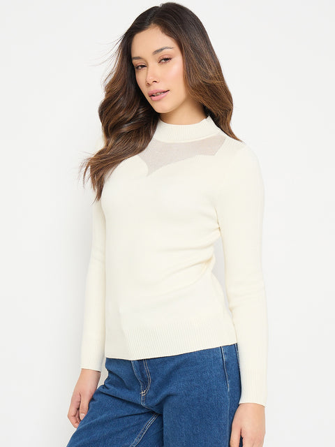 Madame Mock Neck Off White Solid Sweater