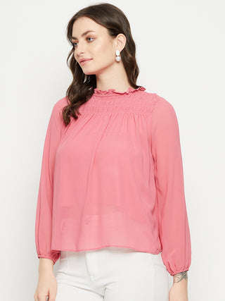 Madame Smocked Frill Neck Hot Pink Top