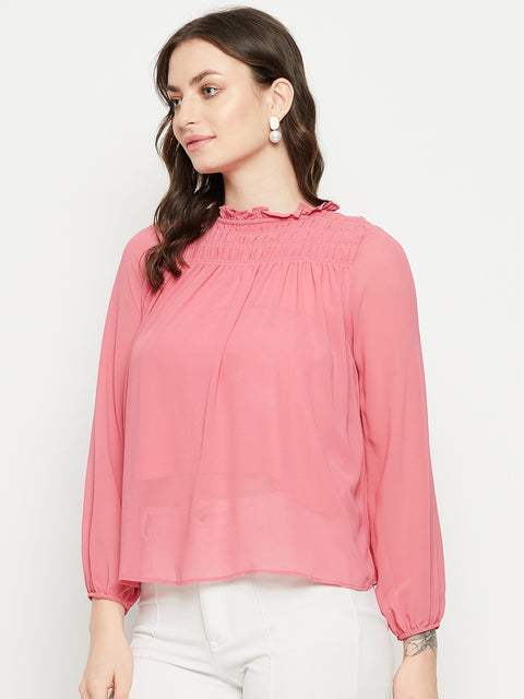 Madame Smocked Frill Neck Hot Pink Top