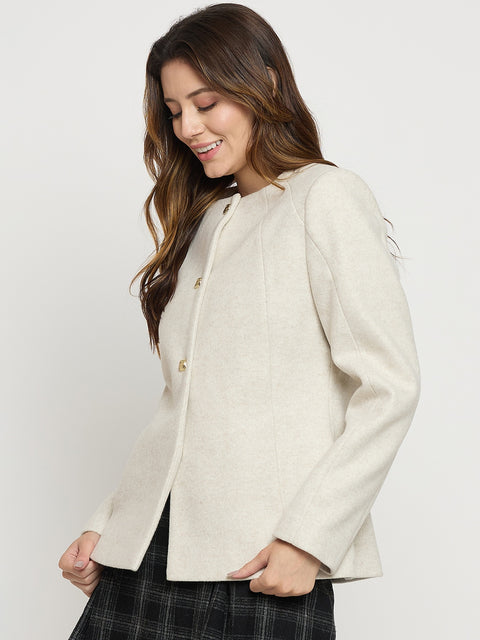 Madame Beige Round Neck Full Sleeve Short Coat