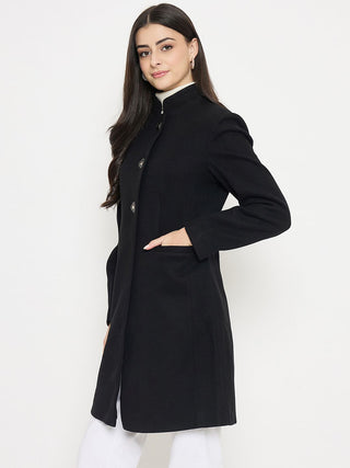 Madame Button Up Solid Black Long Coat