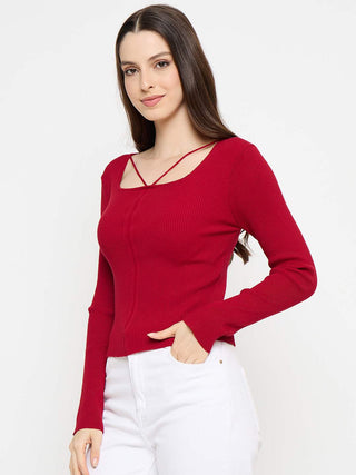 Madame Ribbed Knit Square Neck Red Crop Top