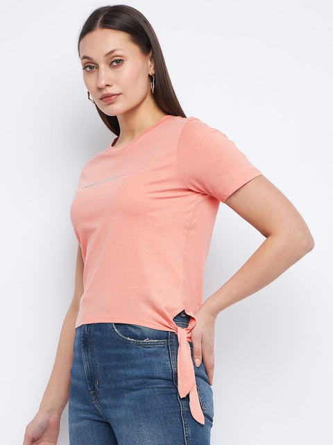 Madame Typography Peach Side Knotted Top