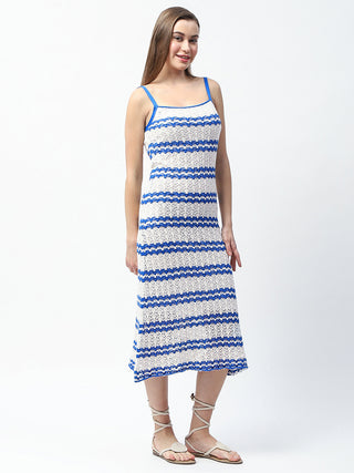 Madame Striped Blue Cotton Midi Knitted Dress