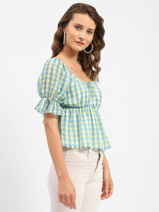 Madame Chequered Blue Off-Shoulder Top