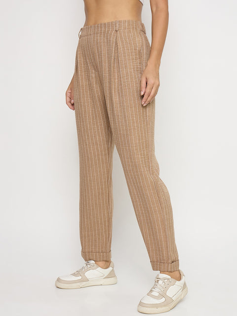 Madame Textured Brown Viscose Tapered Trousers