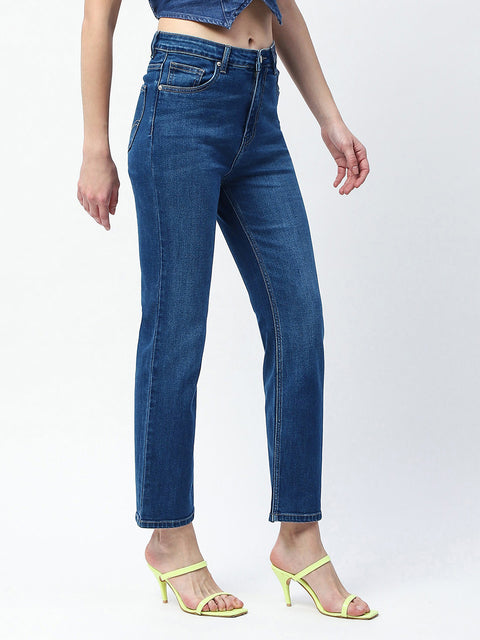 Madame Whiskered Straight Fit Dark Blue Cotton Blend Jeans