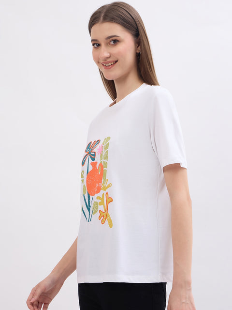Madame Floral Print White Cotton T-Shirt