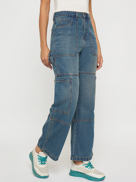 Madame Panel Detailed Tinted Green Wide Leg Denim Cargo