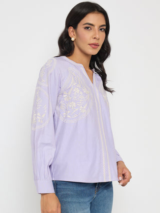 Madame Floral Embroidery Lilac Viscose Blend Top