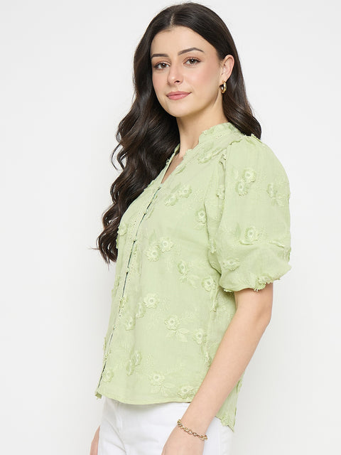 Madame Apple Green Cotton Mandarin Collar Top