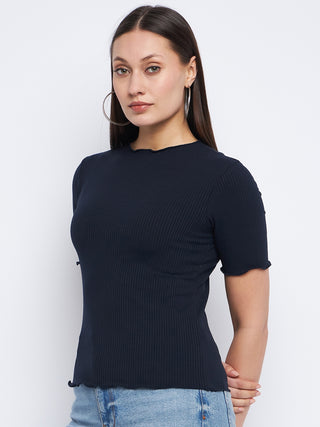 Madame Solid Navy Blue Lettuce Hem Top