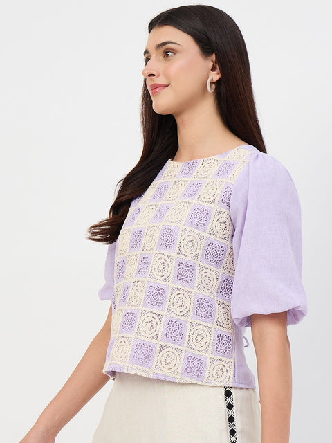 Madame Lilac Crochet Overlay Puff-Sleeve Top