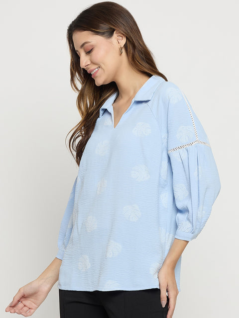 Madame Blue Printed Collar Puff Sleeve Top