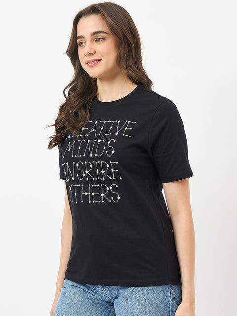 Madame Black Printed Cotton Half-Sleeve T-Shirt