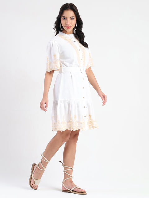 Madame Embroidered A-Line White Mini Dress