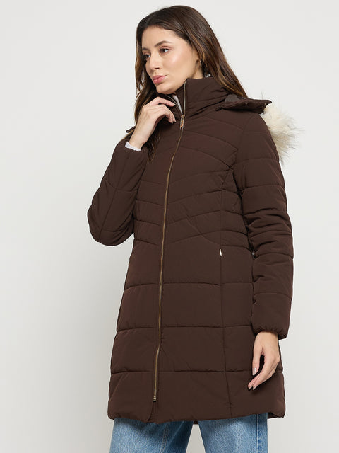 Madame Dark Brown Quilted High Neck Full Sleeve Midi Jacket