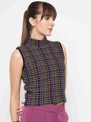 Madame Multicolored Chequered Tweed Black Funnel Neck Top