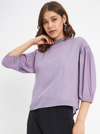 Madame Embellished Neckline Turtle Neck Solid Mauve Top