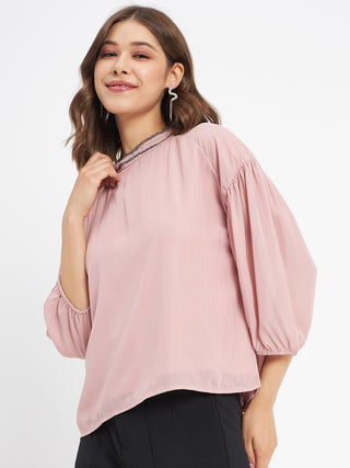 Madame Embellished Neckline Turtle Neck Solid Pink Top