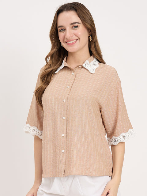 Madame Brown Textured Linen Blend Half Sleeve Shirt