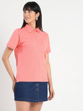 Madame Collared Solid Coral Cotton Blend Polo T-Shirt