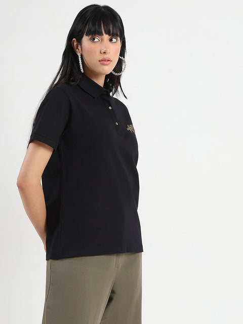 Madame Embellished Cotton Blend Black Polo T-shirt