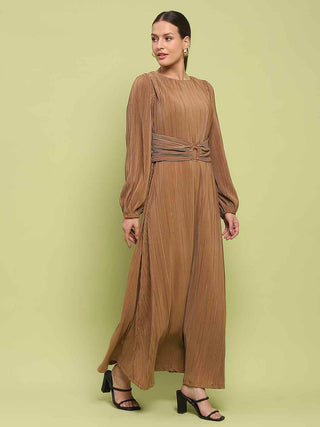 Madame Pleated Front Buckle Detailed Solid Golden Maxi Dress