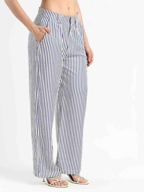 Madame Striped Wide Leg Viscose Blend Navy Blue Trousers