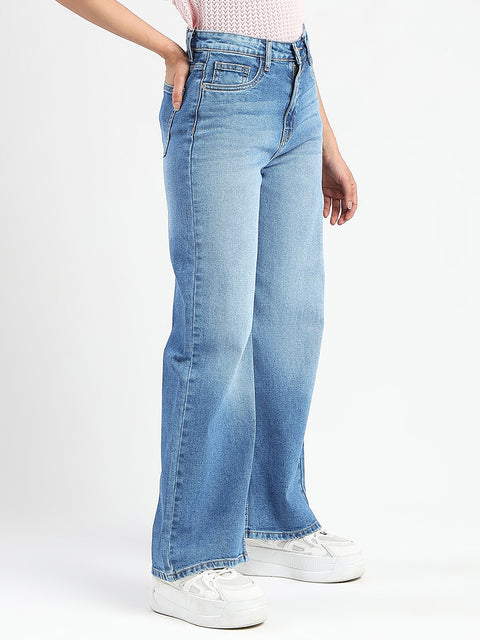 Madame Stone Wash Wide Leg Light Blue Cotton Blend Jeans