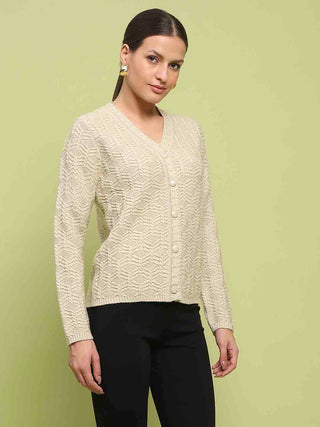 Madame Cable Knit V Neck Beige Cardigan