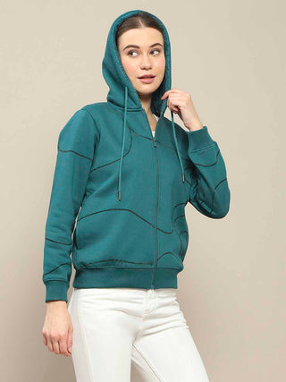 Madame Geometric Print Zipped Teal Hooded Sweatshirt