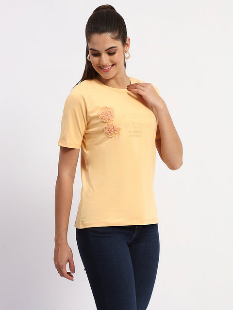 Madame Sinker Handworked Graphic Print Round Neck Light Orange Top