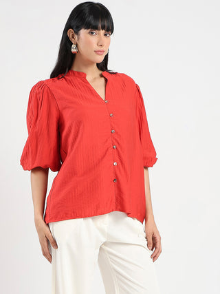 Madame Textured Ruffle Neck Rayon Blend Red Top