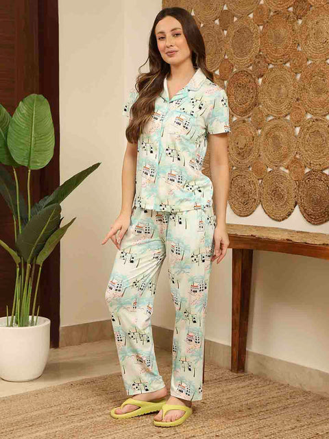 mSECRET All Over Print Top and Bottom Mint Green Night Suit
