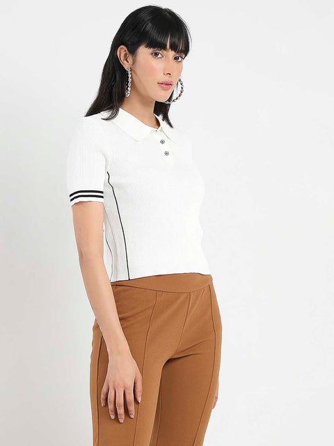 Madame Contrast Trim Polo Neck White Knitted T-shirt