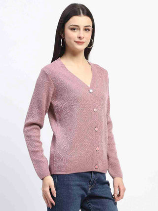 Madame V Neck Buttoned Onion Pink Cardigan