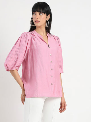 Madame Textured Ruffle Neck Rayon Blend Pink Top
